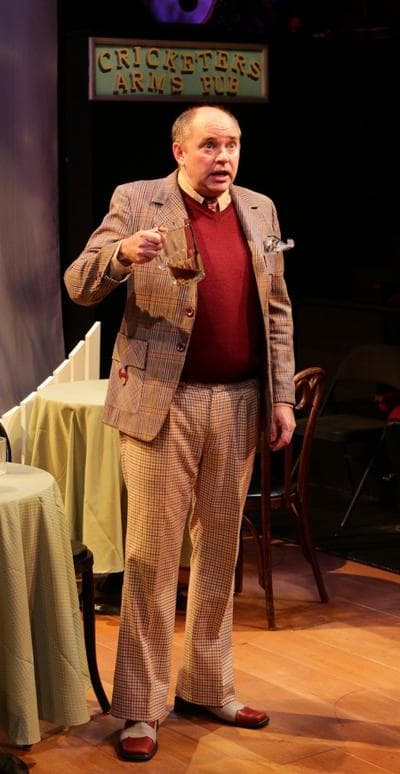 Neil A. Casey as Francis Henshall with the dregs of several leftover beers in "One Man, Two Guvnors" at the Lyric Stage Company of Boston. (Mark S. Howard)