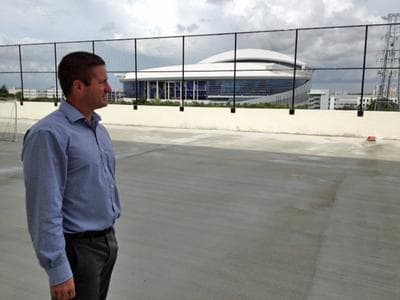 Principal Alex Tamargo looks out onto the school's courtyard with Marlins Park in the background. (Phil Latzman/Only A Game)
