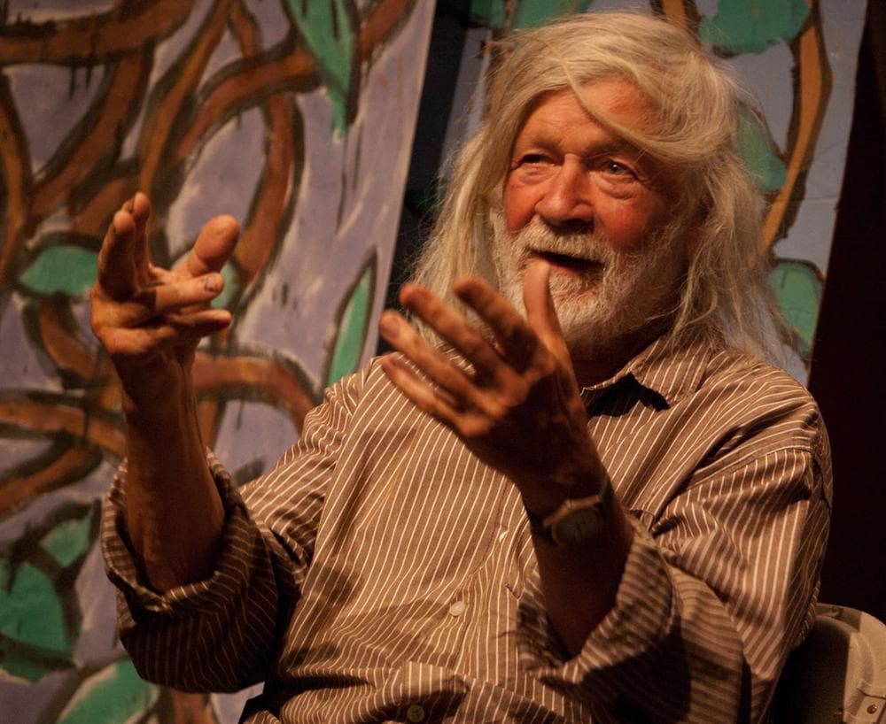 Peter Schumann speaks at Boston College. (Greg Cook)