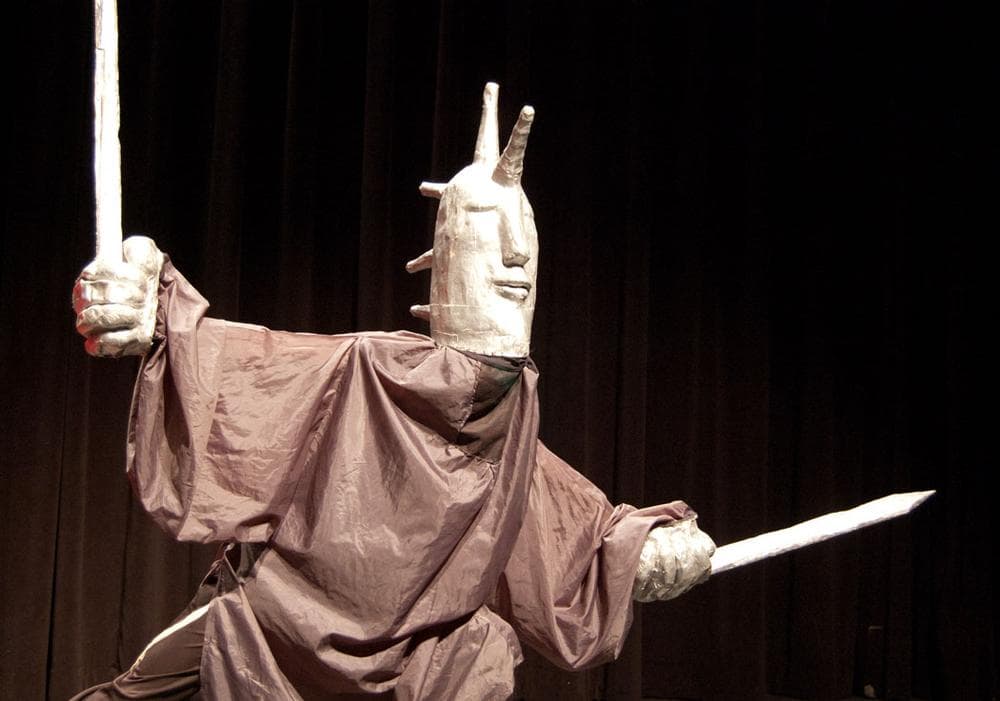 The Great Warrior from Bread and Puppet Theater's revival of its 1962 anti-war show "King Story" at Boston College. (Greg Cook)