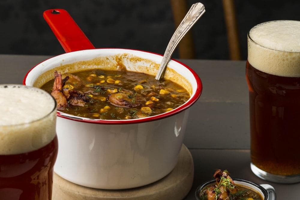Blackened shrimp and corn chowder from Gritty McDuff's in Portland, ME. (From The American Craft Beer Cookbook (c) John Holl. Photography (c) Lara Ferroni. Used with permission of Storey Publishing)