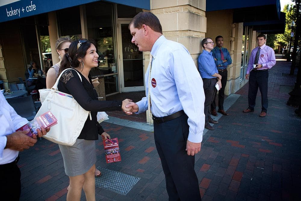 Marty Walsh, here canvassing earlier in the mayoral race, has received the backing of several of his former opponents. (Jesse Costa/WBUR)