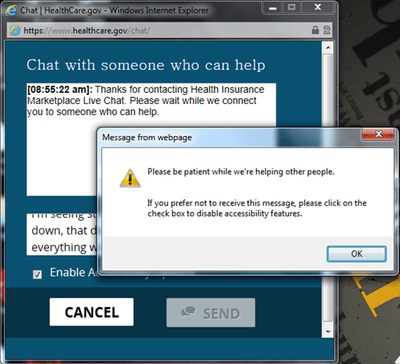 Some people are reporting problems trying to access health exchanges via HealthCare.gov. Here's the message a Here &amp; Now producer got. (Here &amp; Now screenshot)