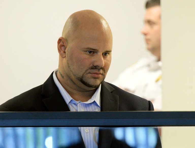Jared Remy, during his arraignment Tuesday on murder and assault charges in the death of his girlfriend, Jennifer Martel. (Ted Fitzgerald/Boston Herald/AP, Pool)