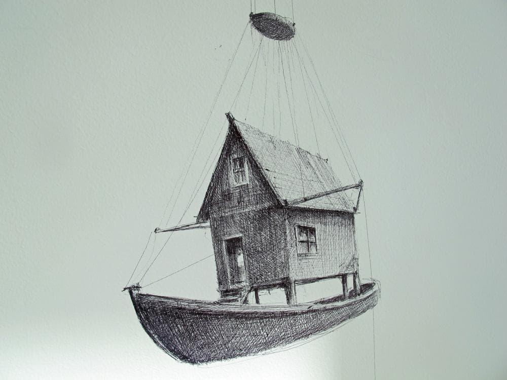 Flotilla" is a sprawling series of more than 100 tiny, painstakingly detailed ball point pen drawings by Boston artist Ethan Murrow. (Andrea Shea/WBUR)