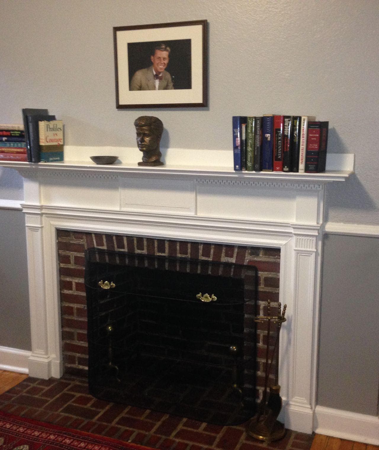 Room F-14 in Harvard's Winthrop House, now decorated with books by and about JFK (Bruce Gellerman/WBUR)