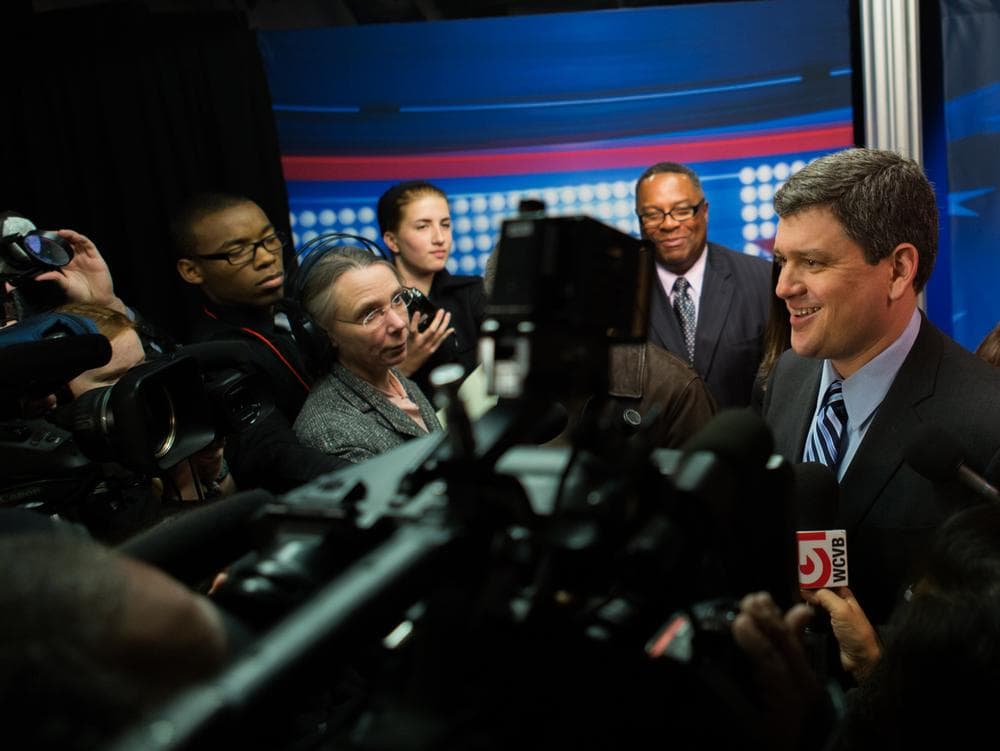 City Councilor John Connolly answers questions after the debate. (Joe Spurr/WBUR)