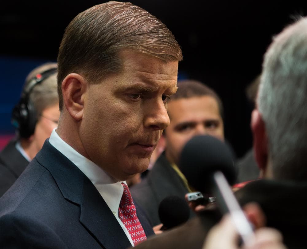 State Rep. Marty Walsh answers questions after the debate. (Joe Spurr/WBUR)