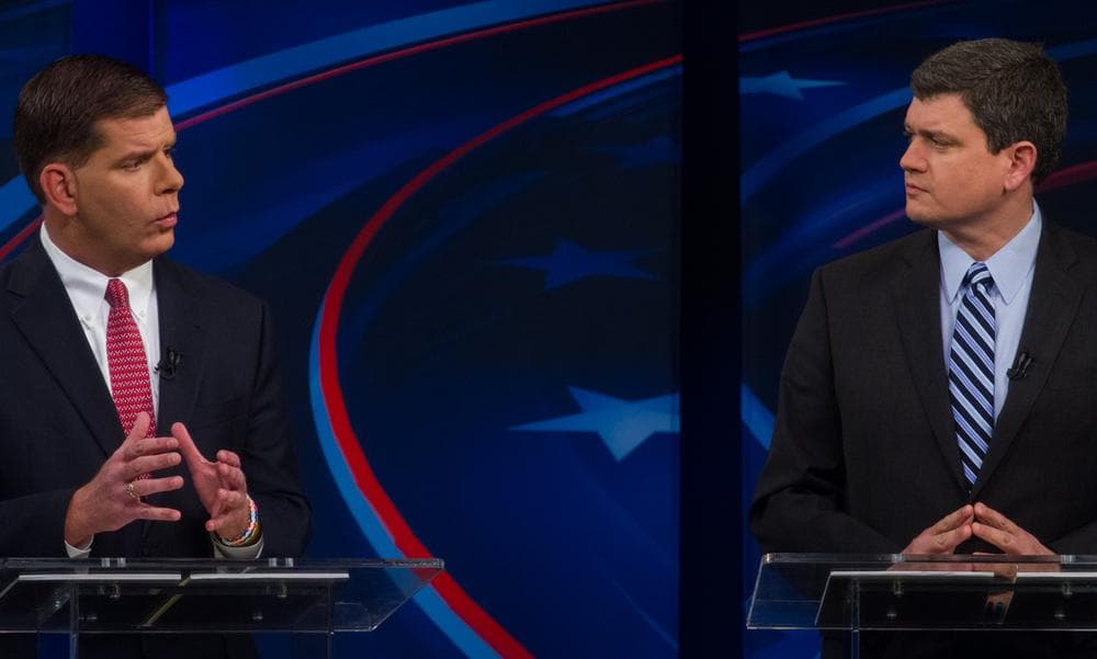 Boston mayoral candidates Marty Walsh, left, and John Connolly, in their final televised debate. (Joe Spurr/WBUR)