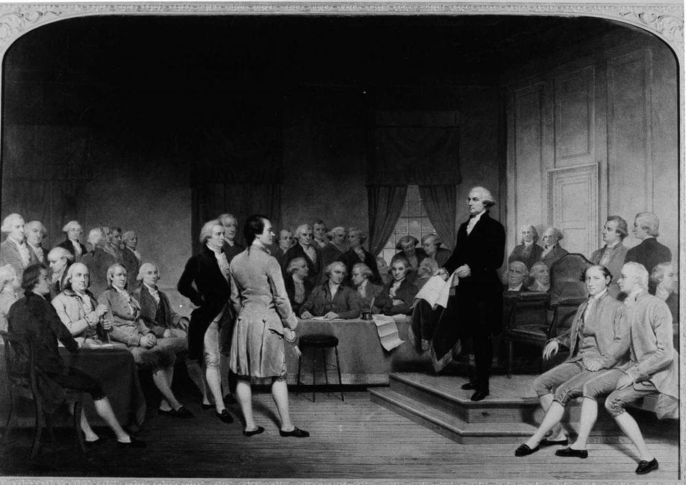 George Washington is depicted in the 1856 painting "George Washington Addressing the Constitutional Convention" by Junius Brutus Stearns, depicting a climactic moment at the end of the convention. (AP)