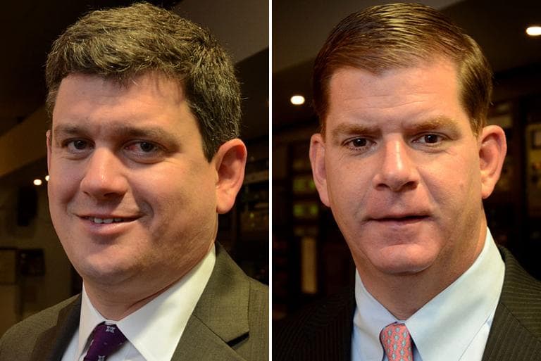 Boston mayoral candidates John Connolly, left, and Marty Walsh at WBUR (Robin Lubbock/WBUR)