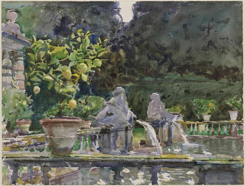 John Singer Sargent's 1910 watercolor "Villa di Marlia, Lucca: A Fountain." (Courtesy Museum of Fine Arts, Boston)