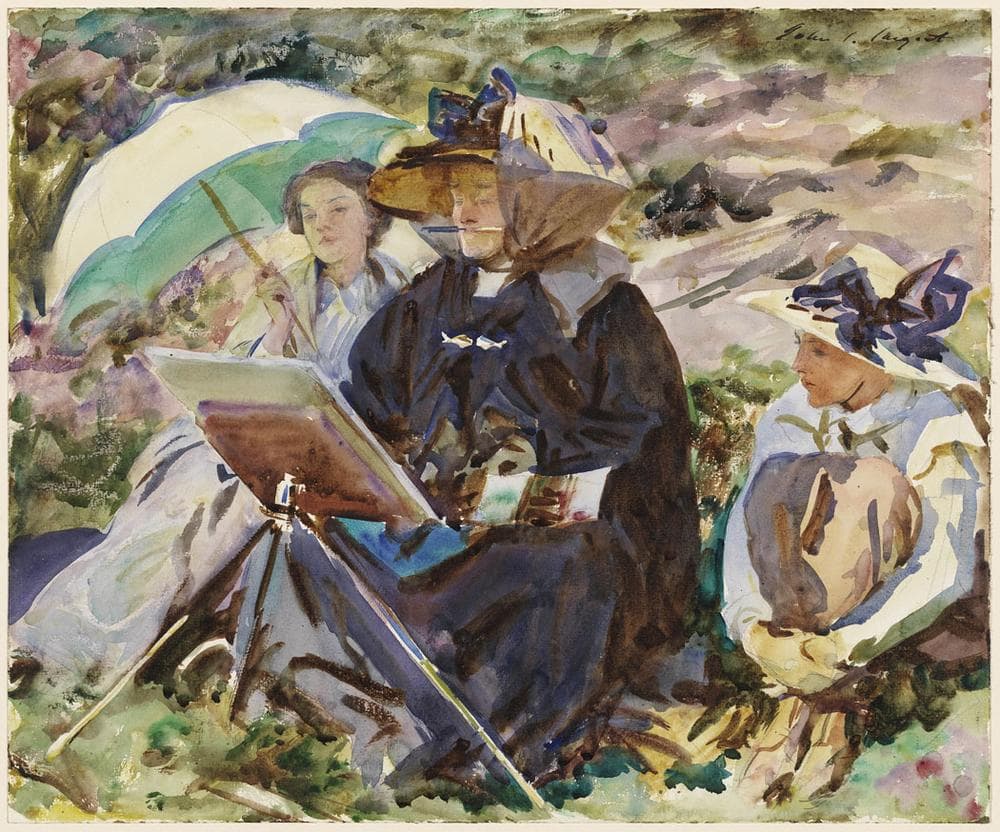 John Singer Sargent paints his sister Emily (center) with their nieces in the Alps in his 1911 watercolor "Simplon Pass: The Lesson." (Courtesy Museum of Fine Arts, Boston)