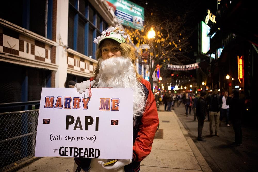 Mary Ellen Cahill of Canton shows support for her man, David Ortiz, on Lansdowne Street. (Jesse Costa/WBUR)