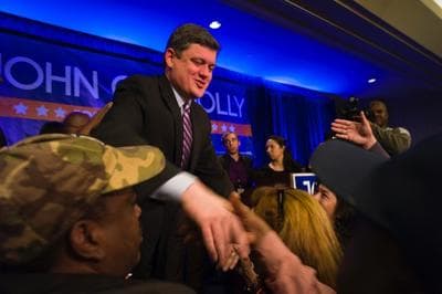 City Councilor John Connolly shakes hands with supporters after conceding to state Rep. Marty Walsh in Boston's mayoral race. (Dominick Reuter/WBUR)
