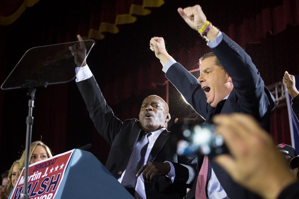 Mayor-elect Marty Walsh celebrates his victory. (Joe Spurr/WBUR)