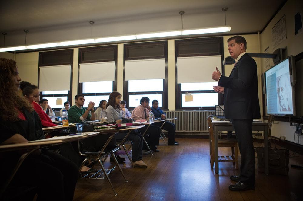 – Walsh speaks with students in the Cristo Rey High School. (Jesse Costa/WBUR)