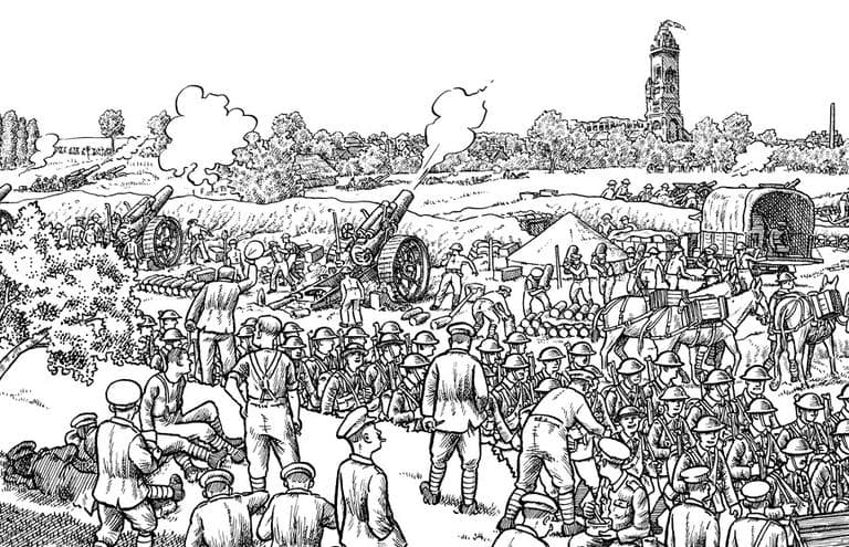 Detail from Plate 5 of Joe Sacco's The Great War: July 1, 1916: The First Day of the Battle of the Somme. The basilica of the town of Albert, visible in the top right, is an important staging point behind the front. (Joe Sacco/W. W. Norton &amp; Company)