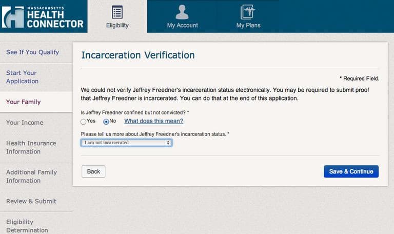At one point trying to navigate the Connector website, Freedner had trouble getting past the incarceration verification. (screenshot)