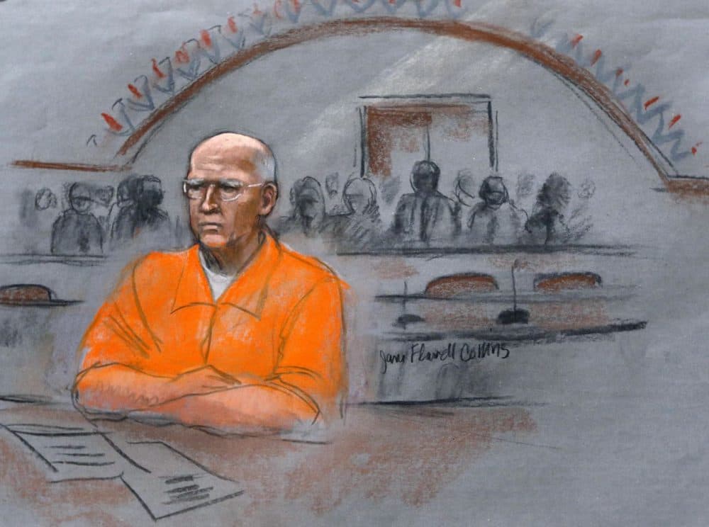 In this courtroom sketch, James &quot;Whitey&quot; Bulger sits at his sentencing hearing in federal court. (Jane Flavell Collins/AP)