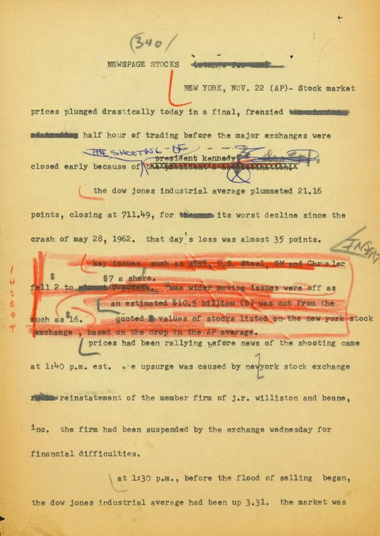 Wire copy from the New York General Desk of The Associated Press on the day of President John F. Kennedy's assassination. (AP)