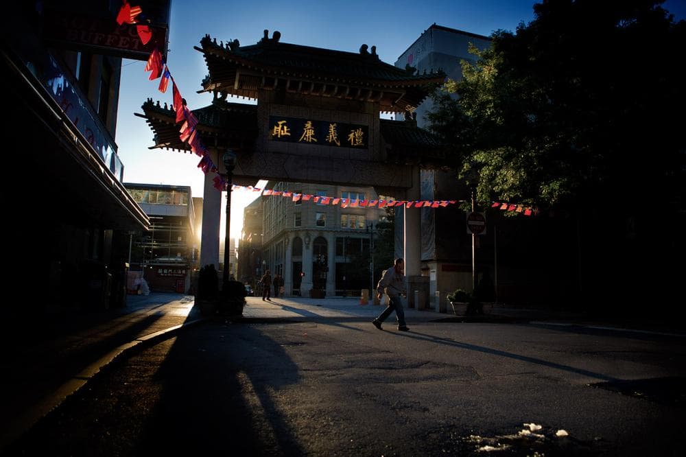 The paifang at Chinatown’s Beach Street entrance, at sunrise (Jesse Costa/WBUR)