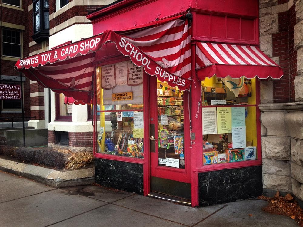 The storefront of Irving’s Toy & Card Shop in Coolidge Corner, Brookline. (Bruce Gellerman/WBUR)