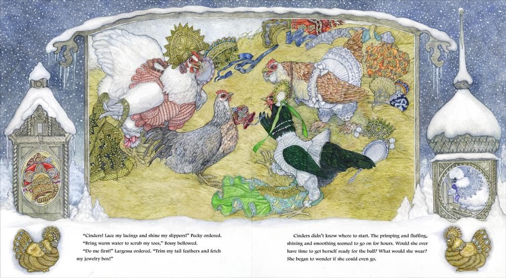 Cinders helps Pecky and Bossy get ready for the ball. (Click to enlarge)