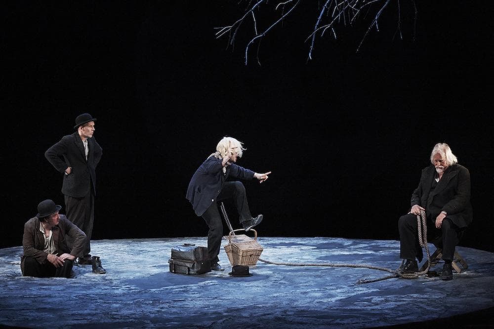 Estragon (Gary Lydon) and Vladimir (Conor Lovett) are "entertained" by Lucky (Tadhg Murphy) and Pozzo (Gavan O'Herlihy).  (Photo@RosKavanag)