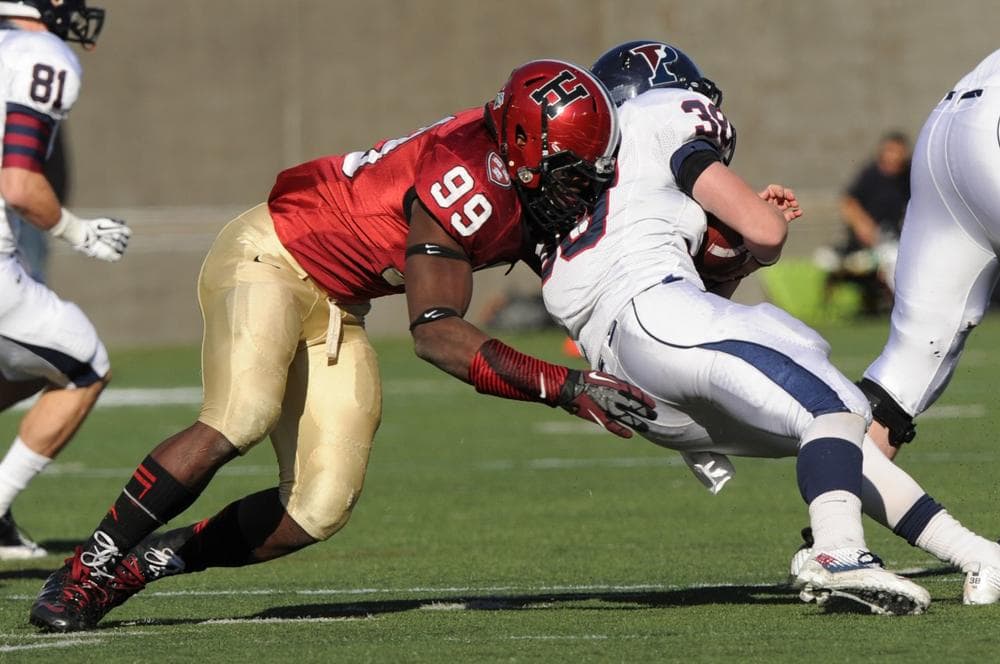 Zach Hodges needs just 3.5 more sacks to become Harvard's all-time leader. (Gil Talbot/Harvard Athletics)