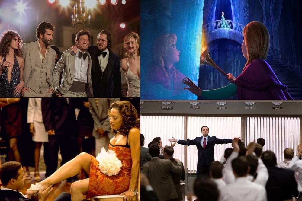 Stills from the upcoming films "American Hustle," "Frozen," "The Best Man Holiday" and "The Wolf of Wall Street." (Clockwise from top left, courtesy Sony Pictures, Disney Pictures, Universal Pictures and Paramount Pictures)