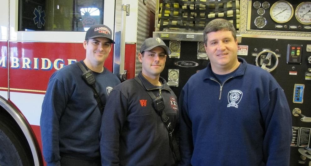 Cambridge firefighters (L-R): Kyle McLaughlin, J.T. Pasquerello and Phil Amenkowicz (WBUR)