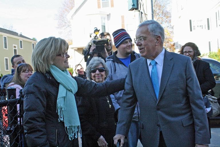 Mayor Thomas Menino arrives at the Roosevelt School in Hyde Park to cast his ballot. (Alex Koktsidis/WBUR)