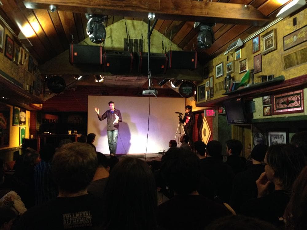 Eitan Glinert, the president of Fire Hose Games in Cambridge, speaks at a recent Boston Post Mortem. (Dennis Scimeca)