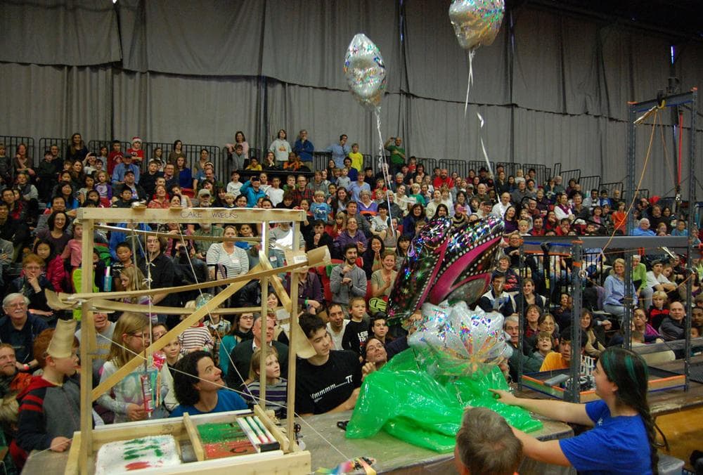 Balloons fly into the air during the Friday After Thanksgiving Chain Reaction at Massachusetts Institute of Technology. (Greg Cook)