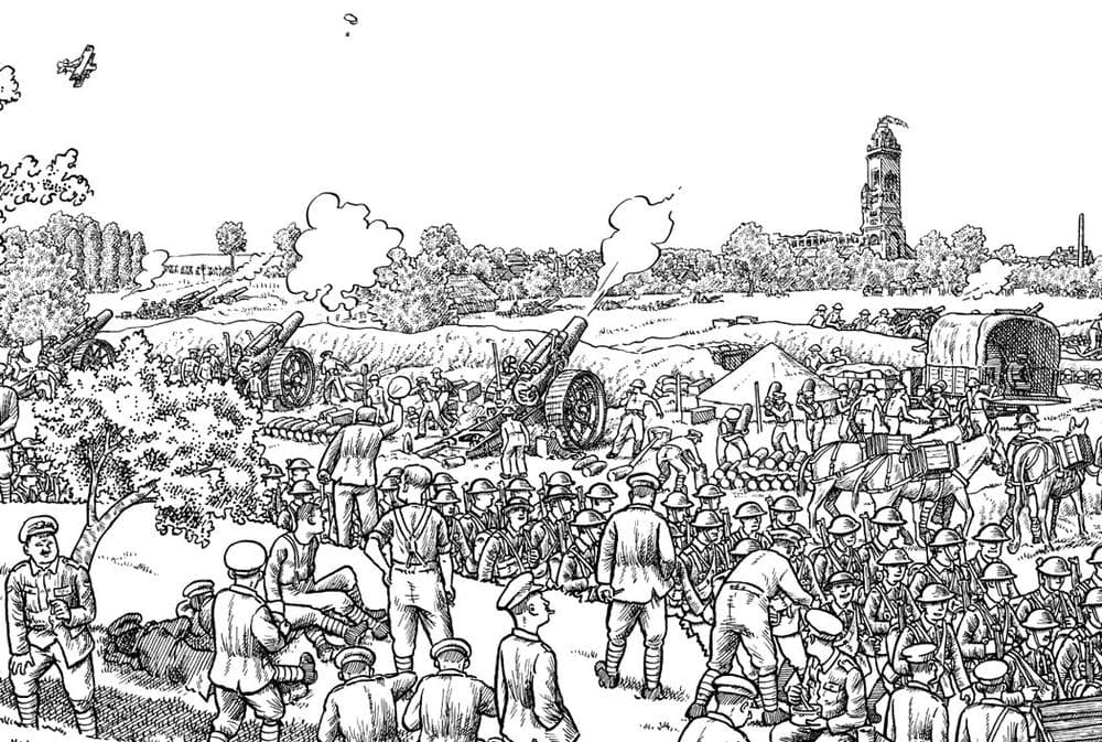 In Joe Sacco's "The Great War: July 1, 1916: The First Day of the Battle of the Somme," the basilica of the town of Albert (top right) is an important staging point behind the front. (Courtesy)