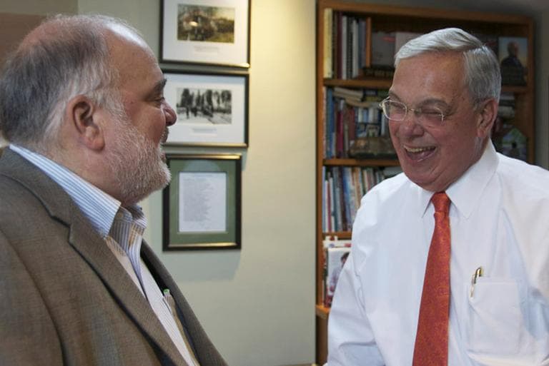 Longtime Boston Mayor Thomas Menino and WBUR's Bob Oakes in Menino's Hyde Park home. (Shannon Dooling for WBUR) 