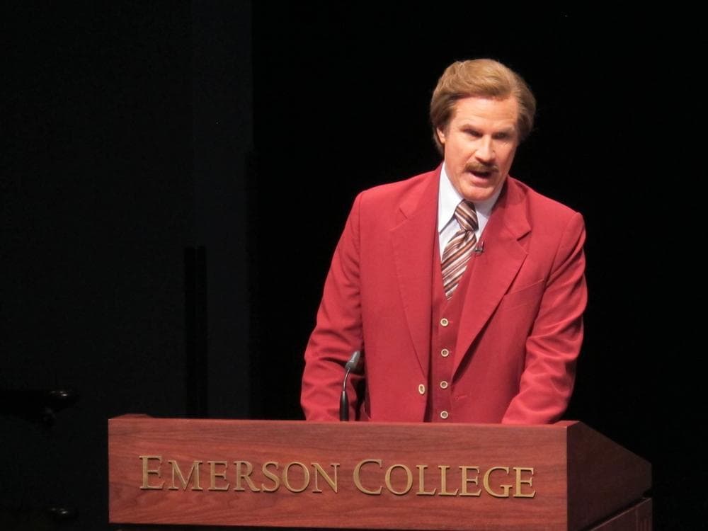 Will Ferrell speaks at a press conference at Emerson College as "Ron Burgundy." (Andrea Shea/WBUR)