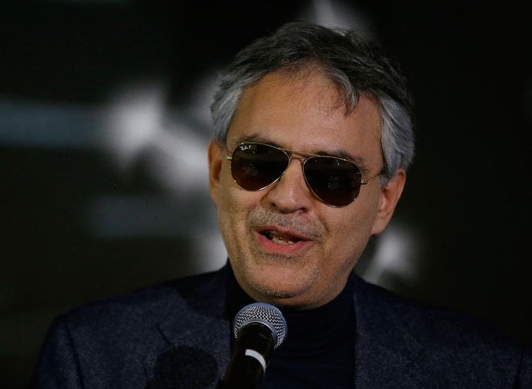 Blind opera star Andrea Bocelli speaks during a MIT workshop to introduce new technologies to empower blind people to become more independent. (Stephan Savoia/AP)