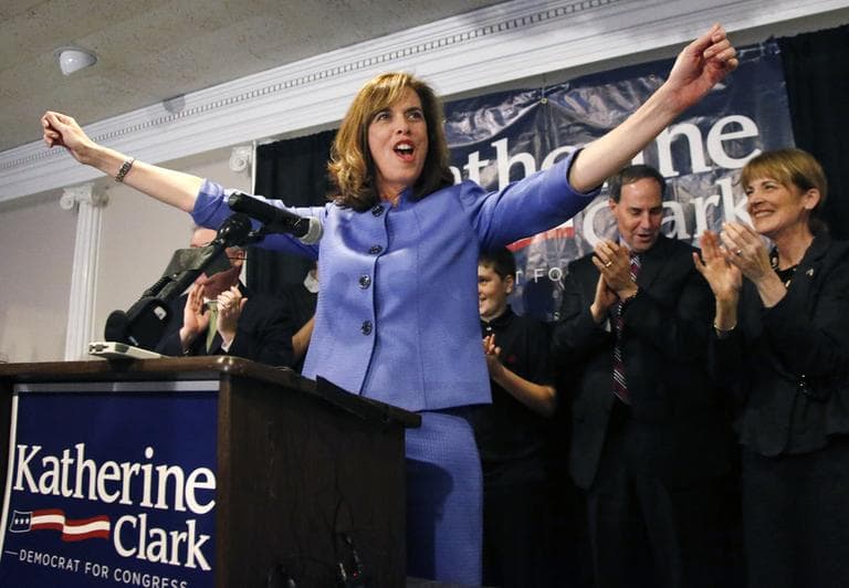 Democrat Katherine Clark celebrates her victory in a special election for the 5th Congressional District. (Elise Amendola/AP)