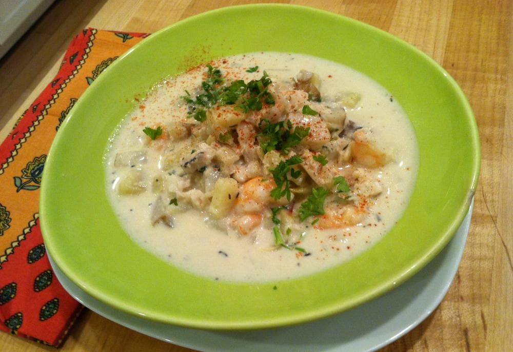 Kathy Gunst says her "Maine Shrimp, Haddock, and Jerusalem Artichoke Chowder" is great for an intimate dinner for two. (Kathy Gunst/Here &amp; Now)