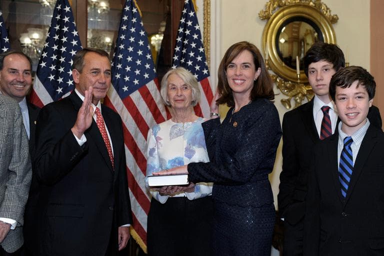 House Speaker John Boehner holds a ceremonial swearing-in for Rep. Katherine Clark, D-Mass., third from right, on Thursday on Capitol Hill in Washington. The ceremonial swearing-in took place prior to Clark being sworn in to the House. (Susan Walsh/AP)