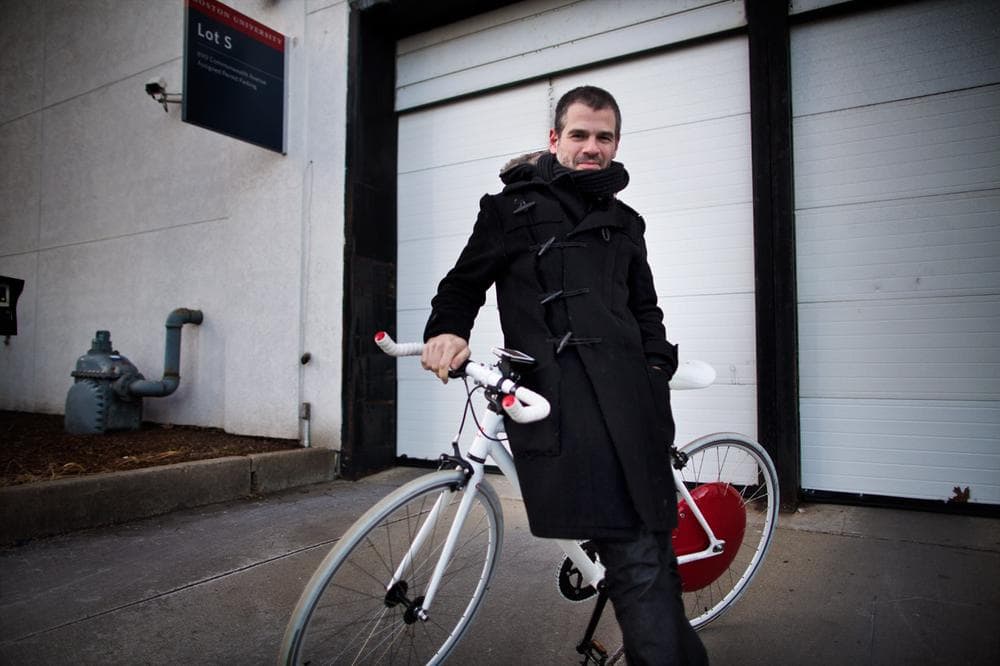 Copenhagen Wheel co-inventor Assaf Biderman outside the Here &amp; Now studios. (Jesse Costa/Here &amp; Now)