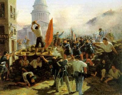 Painting by Horace Vernet depicts the Battle at Soufflot barricades at Rue Soufflot Street on June 24, 1848. (Wikimedia Commons)