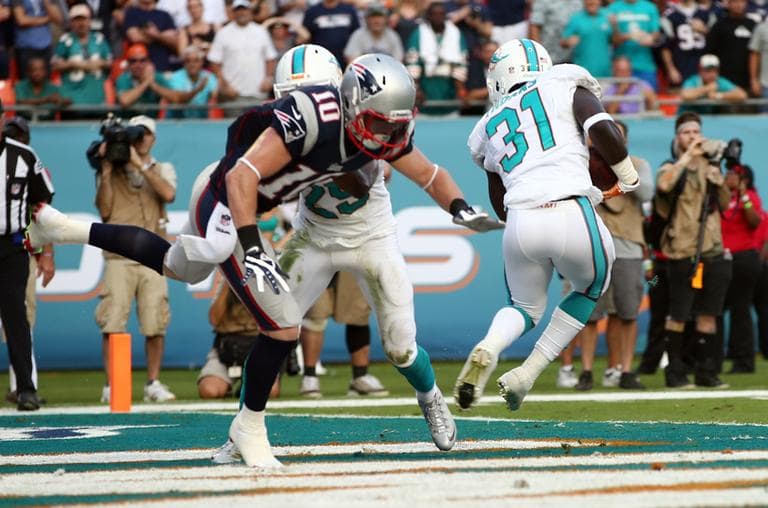 Miami Dolphins safety Michael Thomas (31) intercepts a pass intended for New England Patriots wide receiver Austin Collie (10). (J Pat Carter/AP)