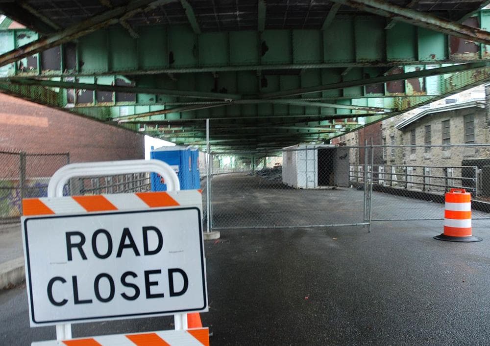 Authorities have closed this portion of Route 79 in Fall River, where workers will demolish more than a mile of elevated roadway as part of the Accelerated Bridge Program. (Jack Lepiarz/WBUR)