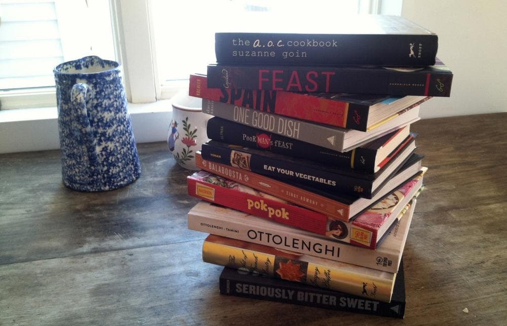 A stack of Kathy Gunst's favorite cookbooks. (Kathy Gunst/Here & Now)