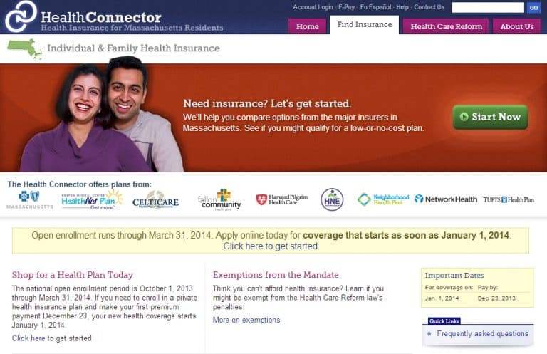 Screenshot of Mass. Health Connector website