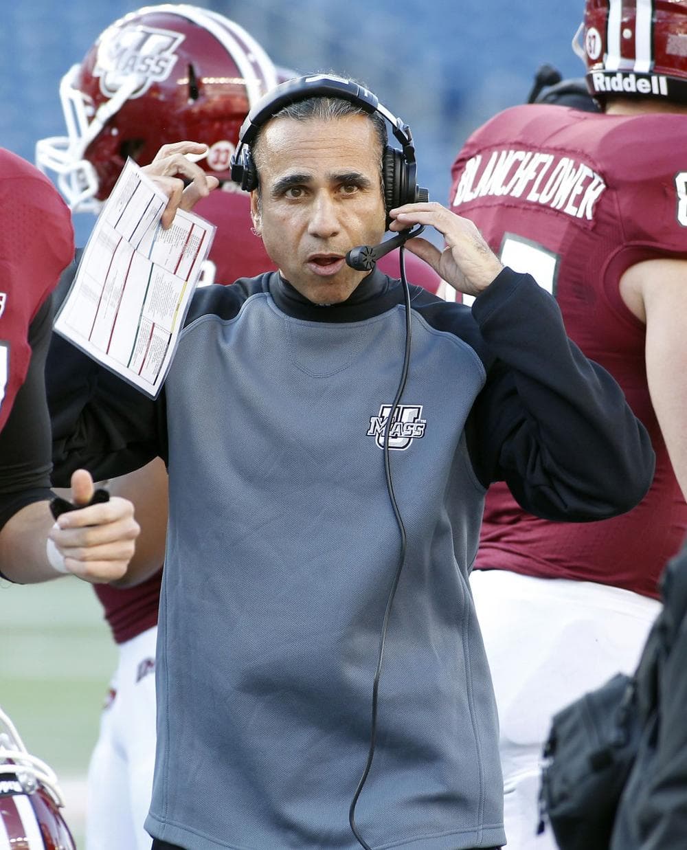 Massachusetts head coach Charley Molnar during the first half of an NCAA college football game against Western Michigan at Gillette Stadium in Foxborough, Mass., Saturday, Oct. 26, 2013. Western Michigan defeated Massachusetts, 31-30. (Stew Milne/AP)