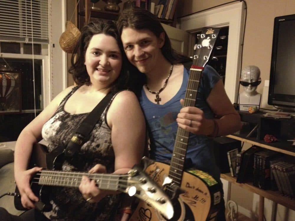 Samantha Turner and Joseph Anders have been living with Ron Jones for a few weeks . Since moving in, Turner has started learning to play the bass.